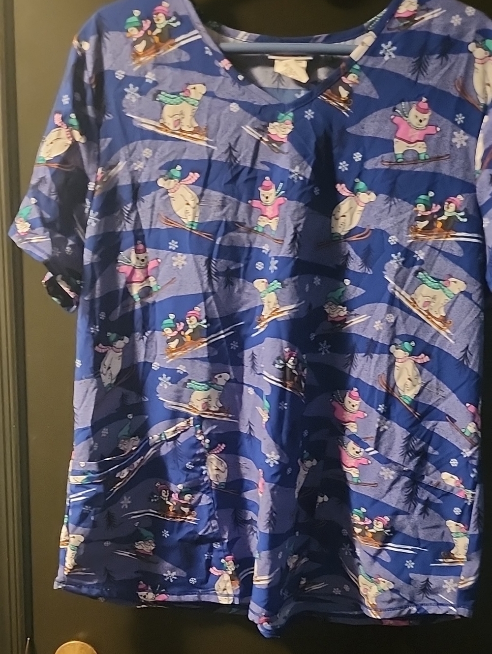 Scrubstar Blue Skiing Bear Print Women's  Scrub Top